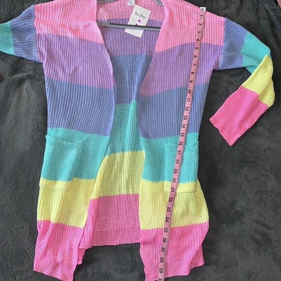 Pastel Rainbow Knit Long Sleeve Cardigan Lightweight Spring Pockets Colorblock - Picture 14 of 16